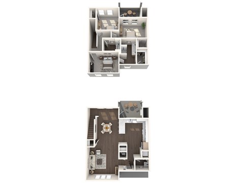 Two images of a dollhouse living room with furniture.